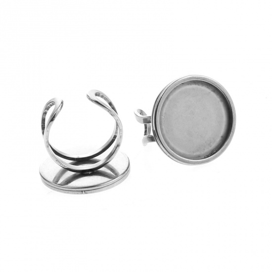 Picture of 304 Stainless Steel Open Adjustable Rings Silver Tone Round Cabochon Settings (Fits 25mm Dia.) 17.3mm(US Size 7), 1 Piece