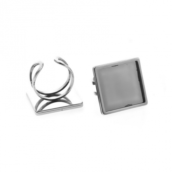 Picture of 304 Stainless Steel Open Adjustable Rings Silver Tone Square Cabochon Settings (Fits 20mm x 20mm) 17.3mm(US Size 7), 1 Piece