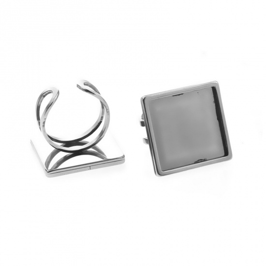 Picture of 304 Stainless Steel Open Adjustable Rings Silver Tone Square Cabochon Settings (Fits 10mm x 10mm) 17.3mm(US Size 7), 1 Piece