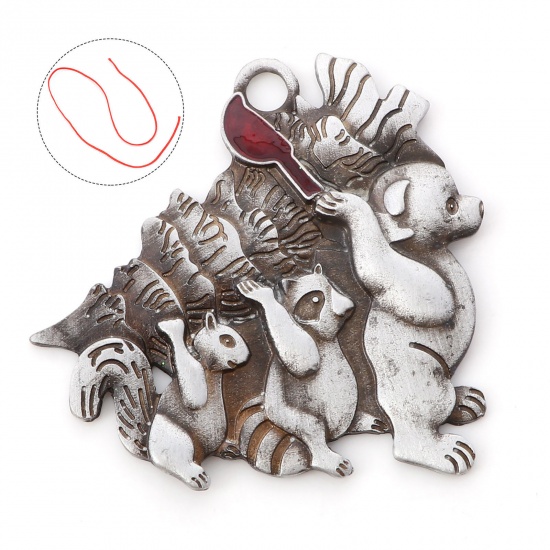 Picture of 1 Piece Zinc Based Alloy Christmas Pendant Home Party Hanging Decoration Antique Pewter Red Bear Animal Squirrel Enamel 5.7cm x 5.5cm