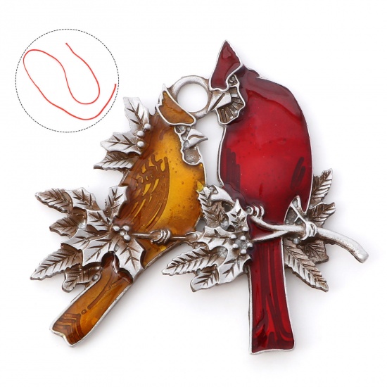 Picture of 1 Piece Zinc Based Alloy Christmas Pendant Home Party Hanging Decoration Antique Pewter Red Bird Animal Branch Enamel 5.9cm x 5.7cm