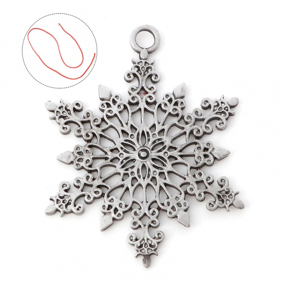Picture of 1 Piece Zinc Based Alloy Christmas Pendant Home Party Hanging Decoration Antique Pewter Christmas Snowflake Hollow 6.4cm x 5cm