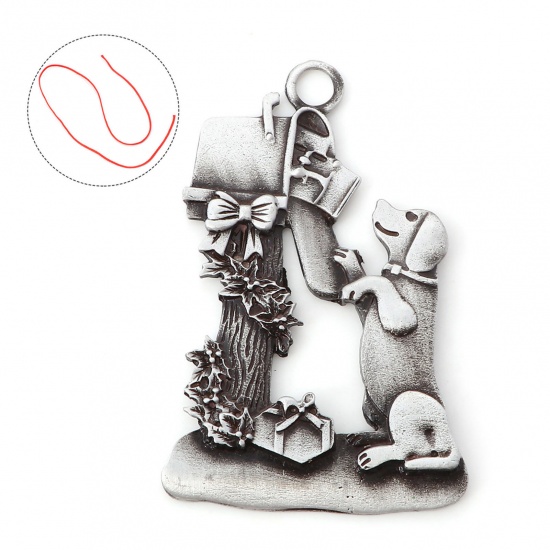 Picture of 1 Piece Zinc Based Alloy Christmas Pendant Home Party Hanging Decoration Antique Pewter Dog Animal 6.3cm x 4.1cm