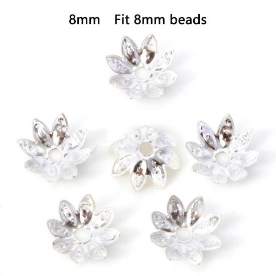 Picture of Iron Based Alloy Beads Caps Flower Silver Plated (Fit Beads Size: 8mm Dia.) 8mm x 8mm, 100 PCs