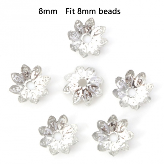 Picture of Iron Based Alloy Beads Caps Flower Silver Tone (Fit Beads Size: 8mm Dia.) 8mm x 8mm, 100 PCs