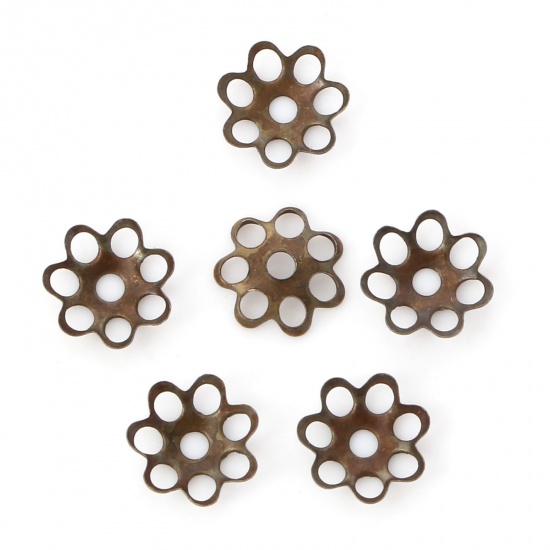 Bild von Eisenlegierung Perlkappen Blumen Bronzefarbe Hohl (für Perlengröße: 8mm D.) 6mm x 6mm, 600 Stück