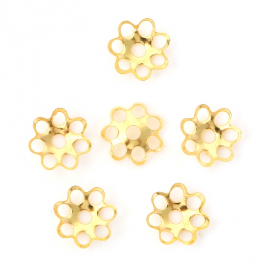 Bild von Eisenlegierung Perlkappen Blumen Vergoldet Hohl (für Perlengröße: 8mm D.) 6mm x 6mm, 600 Stück