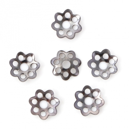 Bild von Eisenlegierung Perlkappen Blumen Metallschwarz Hohl (für Perlengröße: 8mm D.) 6mm x 6mm, 600 Stück