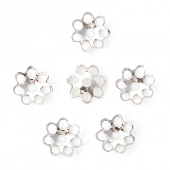 Picture of Iron Based Alloy Beads Caps Flower Silver Tone Hollow (Fit Beads Size: 8mm Dia.) 6mm x 6mm, 600 PCs