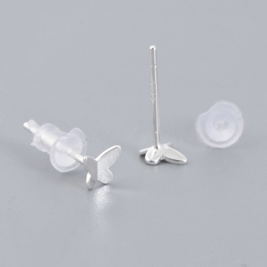 Picture of Sterling Silver Ins Style Ear Post Stud Earrings Silver Color Butterfly Animal 5mm x 4mm, Post/ Wire Size: (21 gauge), 1 Pair