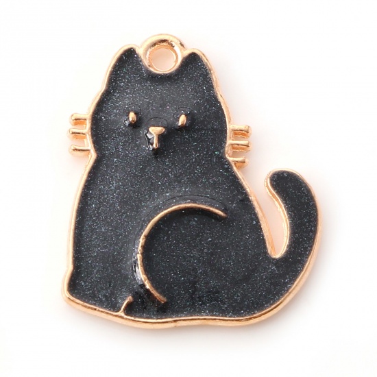 Picture of Zinc Based Alloy Charms Gold Plated Black Cat Animal Enamel 20mm x 17mm, 10 PCs