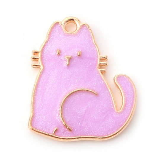 Picture of Zinc Based Alloy Charms Gold Plated Purple Cat Animal Enamel 20mm x 17mm, 10 PCs