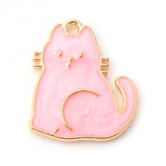 Picture of Zinc Based Alloy Charms Gold Plated Pink Cat Animal Enamel 20mm x 17mm, 10 PCs