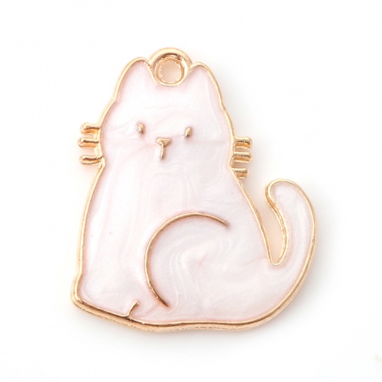 Picture of Zinc Based Alloy Charms Gold Plated White Cat Animal Enamel 20mm x 17mm, 10 PCs