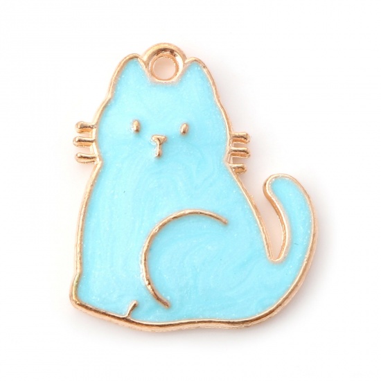 Picture of Zinc Based Alloy Charms Gold Plated Blue Cat Animal Enamel 20mm x 17mm, 10 PCs