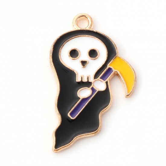 Picture of Zinc Based Alloy Halloween Charms Gold Plated Black & Yellow Ghost Enamel 28mm x 17mm, 10 PCs