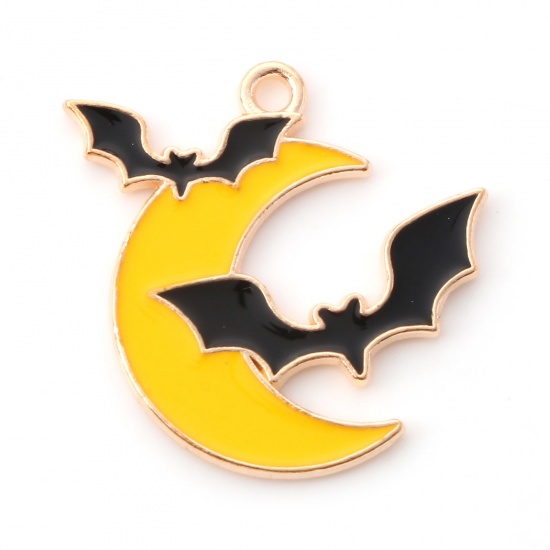 Picture of Zinc Based Alloy Halloween Charms Gold Plated Black & Yellow Half Moon Bat Enamel 25mm x 24mm, 10 PCs