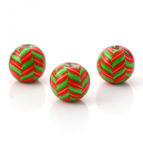 Immagine di Legno Natale Separatori Perline Tondo Rosso & Verde Striscia Disegno Circa: 16mm Dia, Foro: Circa 3.8mm, 20 Pz