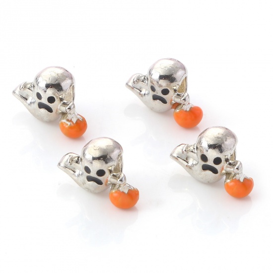 Picture of Zinc Based Alloy European Style Large Hole Charm Beads Silver Tone Orange Halloween Ghost Enamel 16mm x 11mm, Hole: Approx 4.2mm, 2 PCs