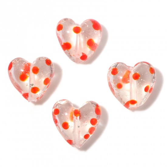 Picture of Lampwork Glass Valentine's Day Beads Heart Transparent Clear Dot About 20mm x 20mm, Hole: Approx 1.5mm, 2 PCs