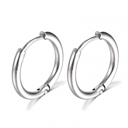 Picture of Wholesale Stylish Minimalist Huggie Hoop Earrings, Round Silver Tone Stainless Steel, Unisex Gift Jewelry Supply, 14mm Dia., Post/ Wire Size: 1mm(18 gauge), 1 Pair