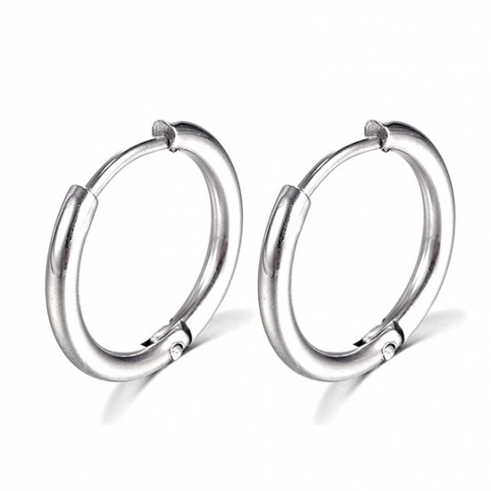 Picture of Stainless Steel Simple Hoop Earrings Silver Tone Round Inner Diameter: 14mm Dia., Post/ Wire Size: (18 gauge), 1 Pair