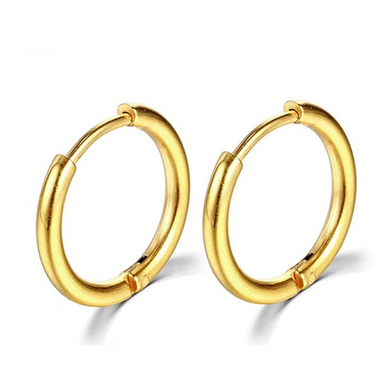 Picture of Stainless Steel Simple Hoop Earrings Gold Plated Round Inner Diameter: 14mm Dia., Post/ Wire Size: (18 gauge), 1 Pair