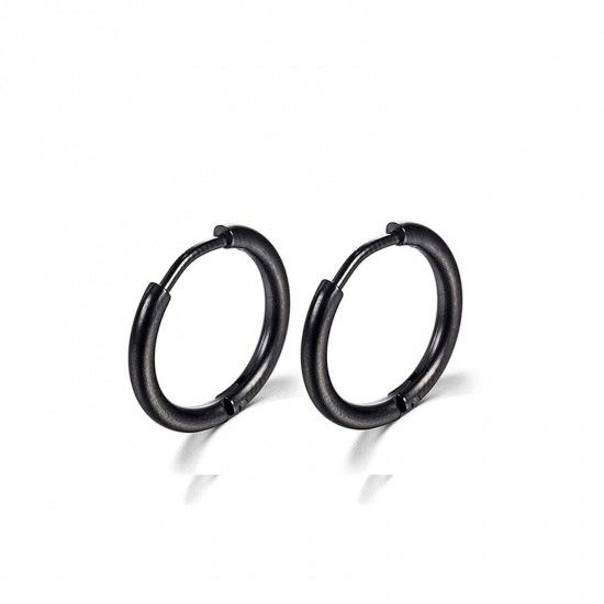 Picture of Stainless Steel Simple Hoop Earrings Black Round Inner Diameter: 8mm Dia., Post/ Wire Size: (18 gauge), 1 Pair