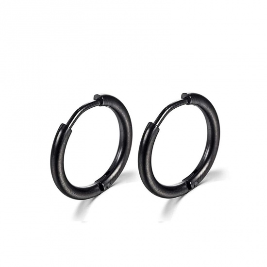 Picture of Stainless Steel Simple Hoop Earrings Black Round Inner Diameter: 10mm Dia., Post/ Wire Size: (18 gauge), 1 Pair