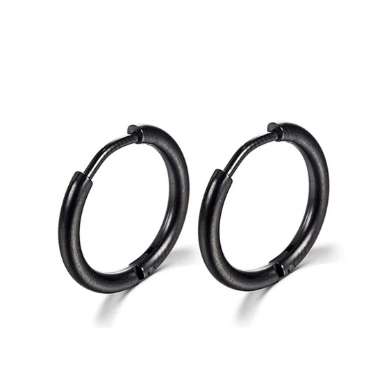 Picture of Stainless Steel Simple Hoop Earrings Black Round Inner Diameter: 12mm Dia., Post/ Wire Size: (18 gauge), 1 Pair