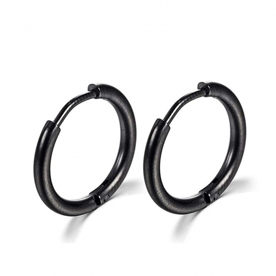 Picture of Stainless Steel Simple Hoop Earrings Black Round Inner Diameter: 14mm Dia., Post/ Wire Size: (18 gauge), 1 Pair