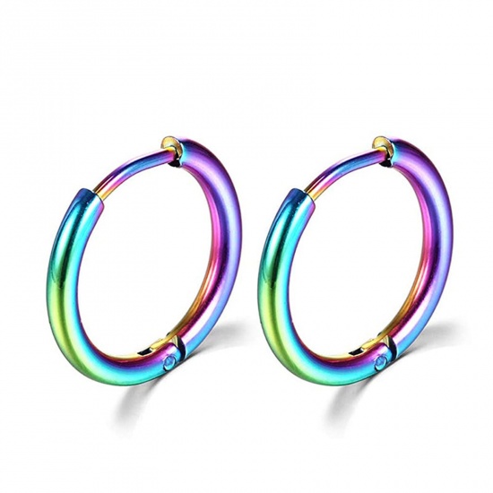 Picture of Stainless Steel Simple Hoop Earrings Multicolor Round Inner Diameter: 14mm Dia., Post/ Wire Size: (18 gauge), 1 Pair