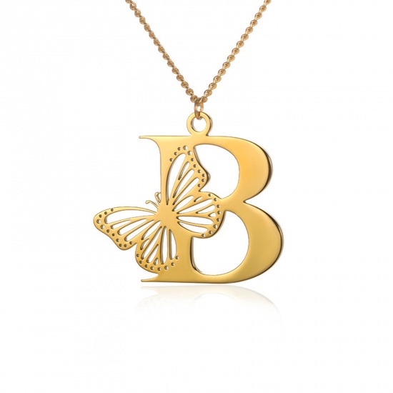 Picture of Stainless Steel Insect Curb Link Chain Necklace Gold Plated Butterfly Animal Initial Alphabet/ Capital Letter Message " B " Hollow 38cm(15") long, 1 Piece