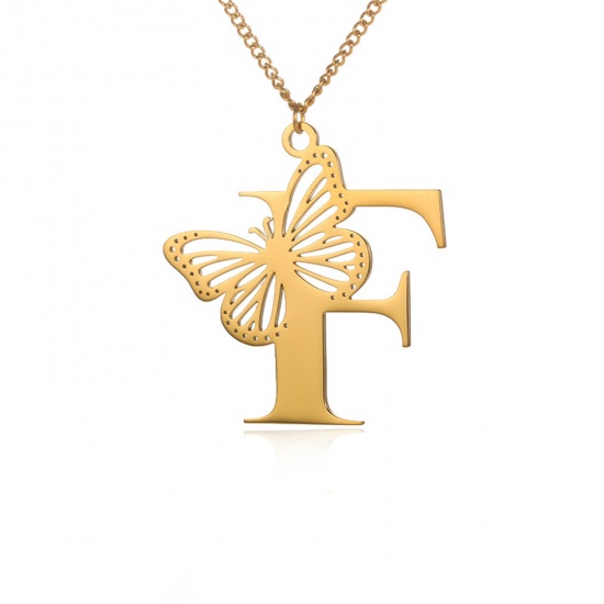 Picture of Stainless Steel Insect Curb Link Chain Necklace Gold Plated Butterfly Animal Initial Alphabet/ Capital Letter Message " F " Hollow 38cm(15") long, 1 Piece