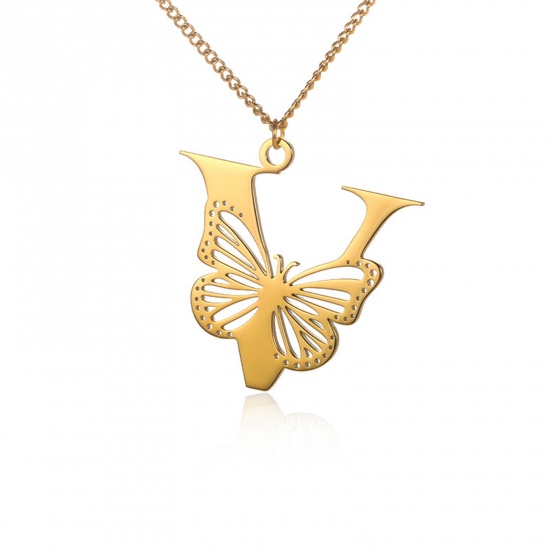 Picture of Stainless Steel Insect Curb Link Chain Necklace Gold Plated Butterfly Animal Initial Alphabet/ Capital Letter Message " V " Hollow 38cm(15") long, 1 Piece
