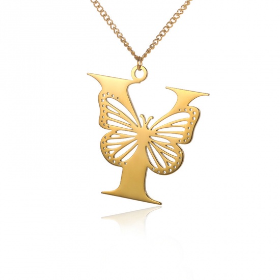 Picture of Stainless Steel Insect Curb Link Chain Necklace Gold Plated Butterfly Animal Initial Alphabet/ Capital Letter Message " Y " Hollow 38cm(15") long, 1 Piece
