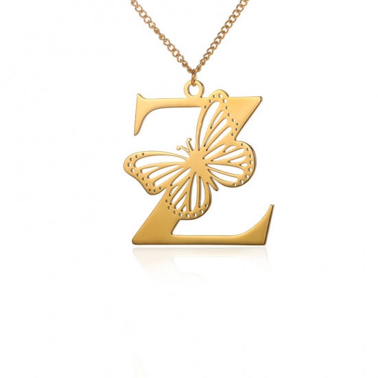 Picture of Stainless Steel Insect Curb Link Chain Necklace Gold Plated Butterfly Animal Initial Alphabet/ Capital Letter Message " Z " Hollow 38cm(15") long, 1 Piece