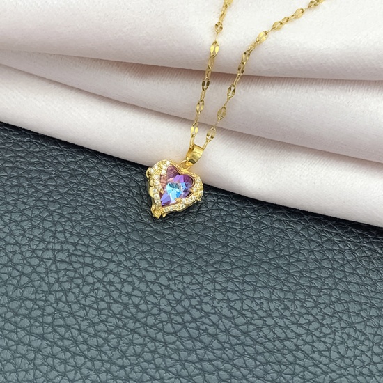 Picture of Stainless Steel & Copper Valentine's Day Curb Link Chain Necklace Gold Plated Heart Micro Pave Multicolour Cubic Zirconia 40cm(15 6/8") long, 1 Piece