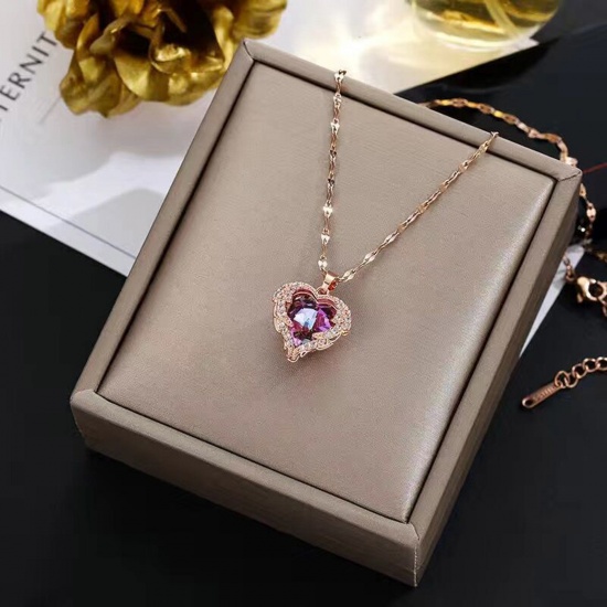 Picture of Stainless Steel & Copper Valentine's Day Curb Link Chain Necklace Rose Gold Heart Micro Pave Multicolour Cubic Zirconia 40cm(15 6/8") long, 1 Piece
