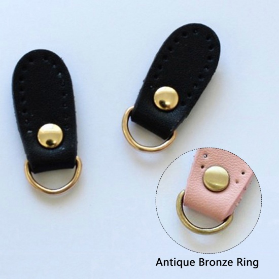 Picture of Real Leather Zipper Pull Tab DIY Bag Purse Accessories Antique Bronze Black 3.4cm x 1.3cm, 10 PCs