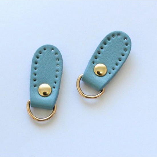 Picture of Real Leather Zipper Pull Tab DIY Bag Purse Accessories Golden Lake Blue 3.4cm x 1.3cm, 10 PCs