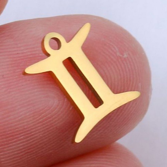 Picture of 201 Stainless Steel Charms Gold Plated Gemini Sign Of Zodiac Constellations Polished 9.5mm x 9.5mm, 5 PCs