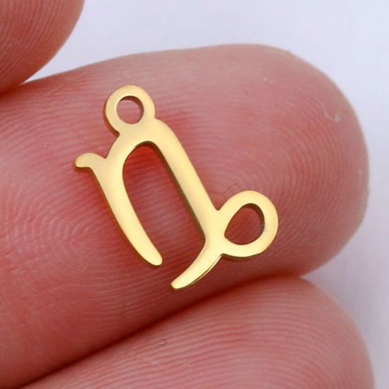 Picture of 201 Stainless Steel Charms Gold Plated Capricornus Sign Of Zodiac Constellations Polished 9.5mm x 9.5mm, 5 PCs