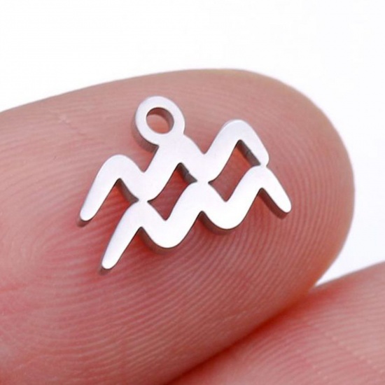 Picture of 201 Stainless Steel Charms Silver Tone Aquarius Sign Of Zodiac Constellations Polished 9.5mm x 9.5mm, 5 PCs