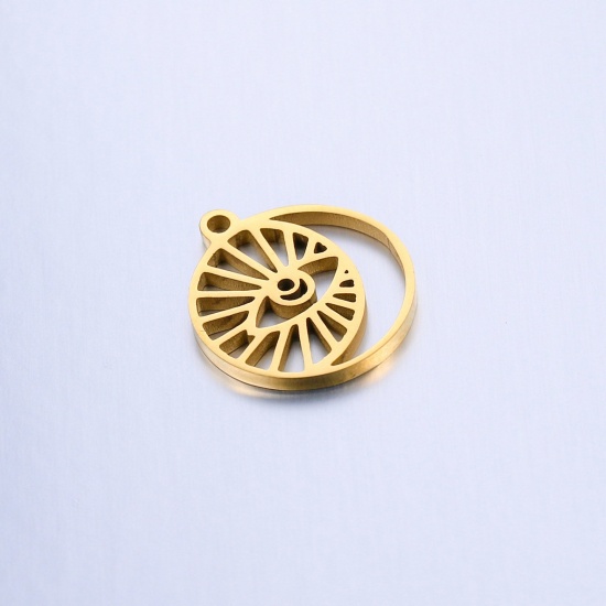 Picture of 201 Stainless Steel Galaxy Charms Gold Plated Half Moon Eye of Providence/ All-seeing Eye Hollow 17mm x 15mm, 2 PCs