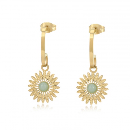 Stainless Steel & Gemstone Ins Style Ear Post Stud Earrings Gold Plated Light Green C Shape Sunflower 3cm, 1 Pair