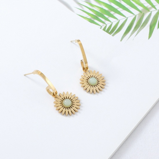 Immagine di Acciaio Inossidabile & Gemma Stile Ins Orecchini a Perno Oro Placcato Verde Chiaro forma di C Girasole 3cm, 1 Paio