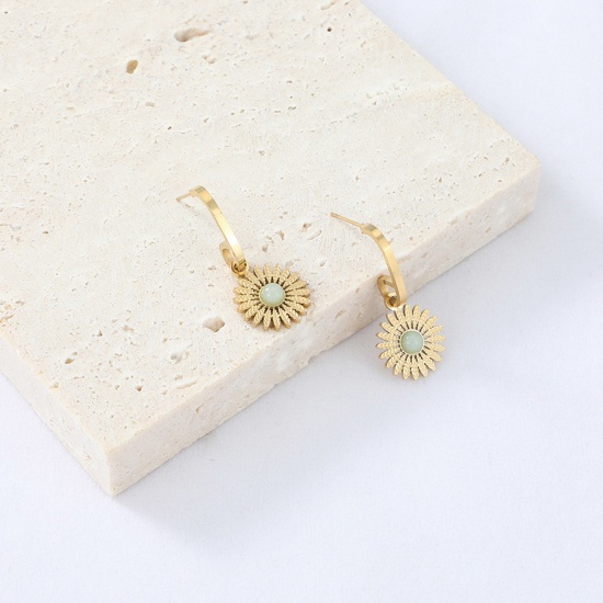 Immagine di Acciaio Inossidabile & Gemma Stile Ins Orecchini a Perno Oro Placcato Verde Chiaro forma di C Girasole 3cm, 1 Paio