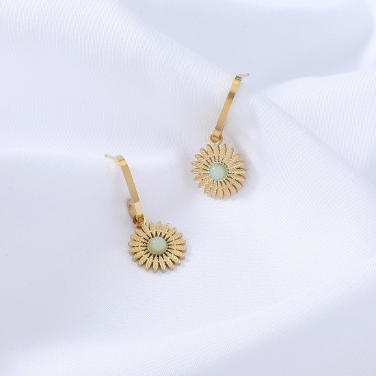Immagine di Acciaio Inossidabile & Gemma Stile Ins Orecchini a Perno Oro Placcato Verde Chiaro forma di C Girasole 3cm, 1 Paio