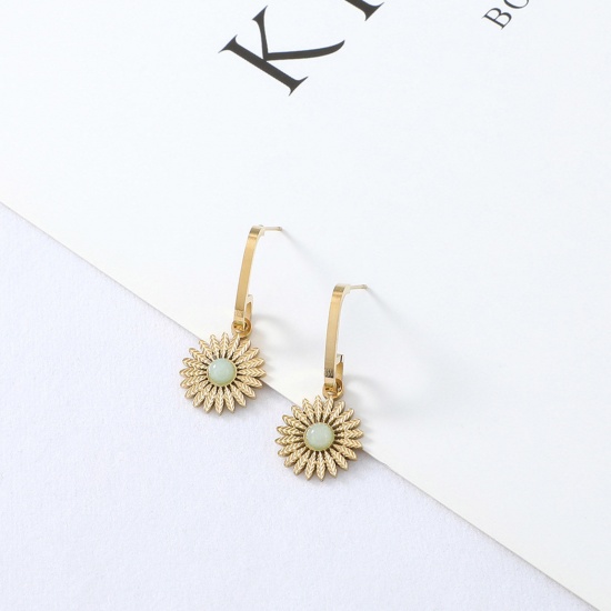 Immagine di Acciaio Inossidabile & Gemma Stile Ins Orecchini a Perno Oro Placcato Verde Chiaro forma di C Girasole 3cm, 1 Paio